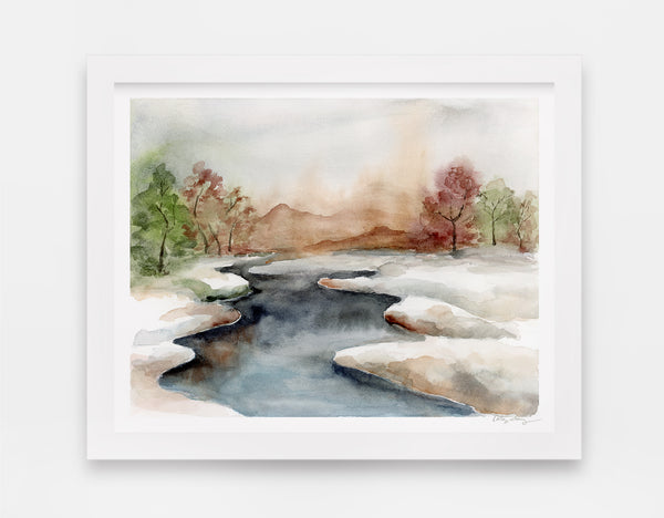 icy stream divides watercolor landscape into two snowy fields art print watercolor landscape