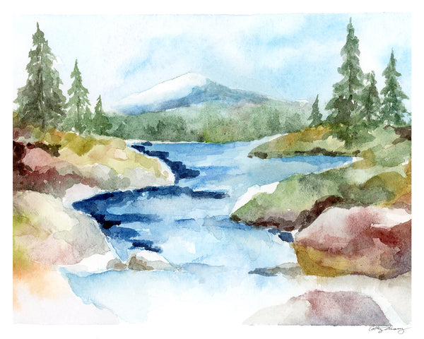Rocky Stream Mountain Landscape - Limited Edition Watercolor Art Print