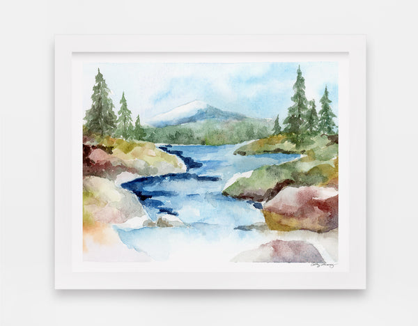 rocky stream rolls down from a mountain tucked away in a forest watercolor landscape