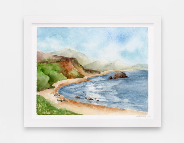 blue ocean cove surrounded by green hills and three seals on the beach watercolor landscape