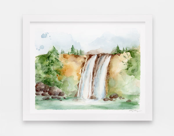 lush forest gives way to twin waterfalls and green summer lake watercolor landscape art print