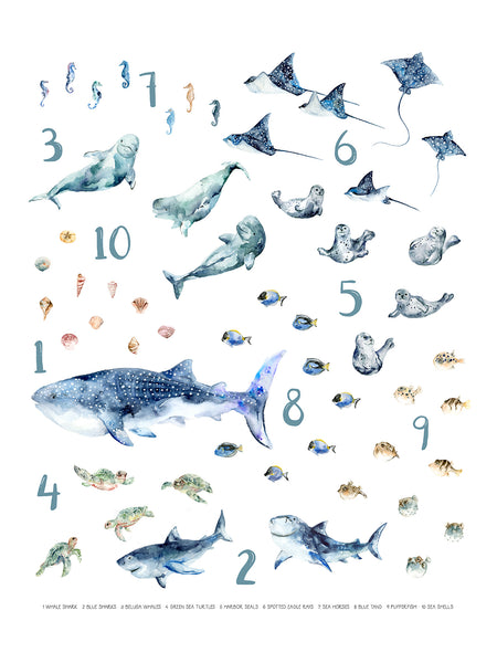 "Under the Sea" Animals from 1 to 10 - Watercolor Art Print