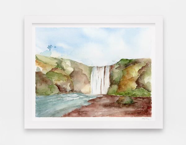giant waterfall in center of rocky green landscape watercolor art print