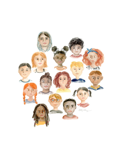 Diversity art print for classrooms and kids room - children of the world print featuring multi racial kids in watercolor illustration