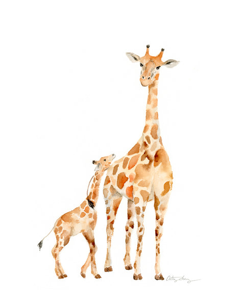 Giraffe Mother and Baby - Watercolor Art Print