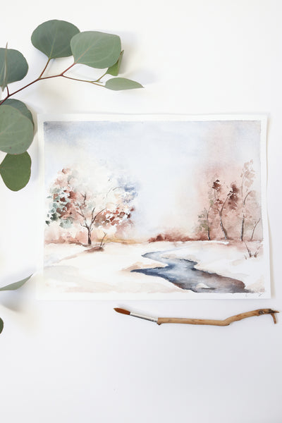 Chilly frozen winter watercolor landscape featuring small stream in a park flat lay