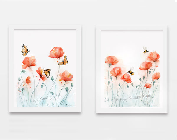 poppies and bees, butterflies watercolor art print