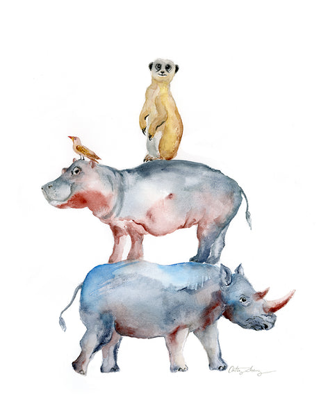 Rhino, Hippo and Meerkat Animal Stack - Watercolor Art Print