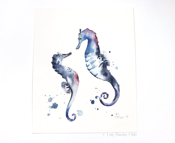 Sea Horse Duo Original Watercolor Painting 8"x10"