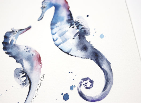 Sea Horse Duo Original Watercolor Painting 8"x10"