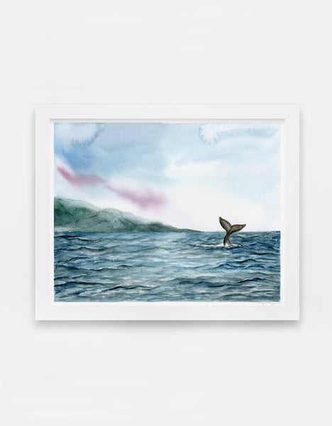 velvet blue ocean ripples and gray whale tail in distance watercolor landscape art print