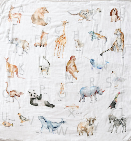 muslin cotton baby blanket with 26 animals from A to Z, feature original watercolor artwork