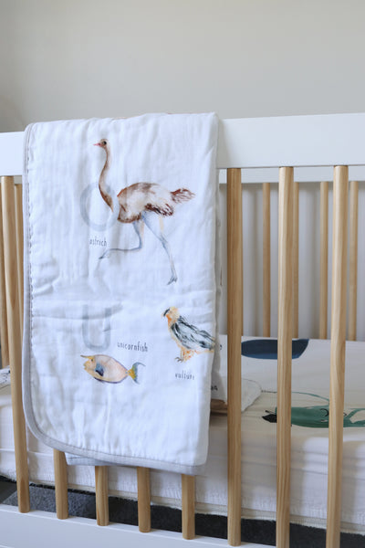 muslin cotton baby blanket with 26 animals from A to Z, feature original watercolor artwork