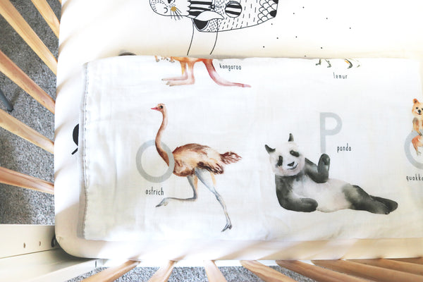 muslin cotton baby blanket with 26 animals from A to Z, feature original watercolor artwork