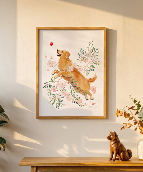 Dog and Dogwood Flowers - Chinese Zodiac Animal Art Print