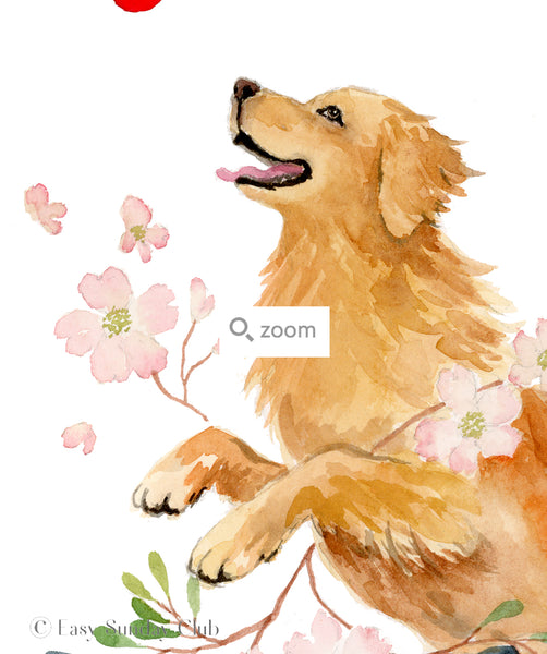 Illustration of a dog with pink dogwood flowers and leaves on a white background