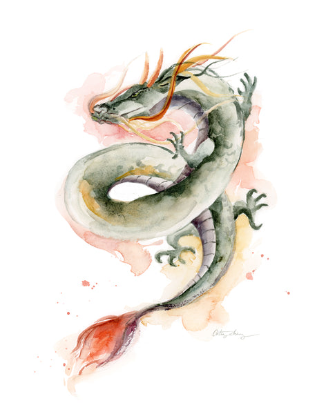 Fire Dragon Watercolor Art Print - Chinese Zodiac