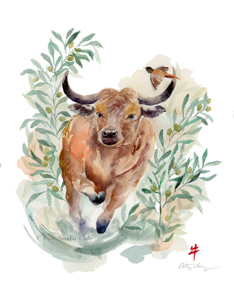 Ox and Olives - Chinese Zodiac Animal Art Print