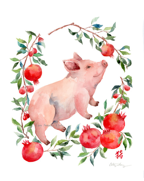 Pig and Pomegranate - Chinese Zodiac Animal Art Print