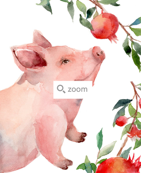 Pig and Pomegranate - Chinese Zodiac Animal Art Print