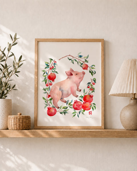 Pig and Pomegranate - Chinese Zodiac Animal Art Print
