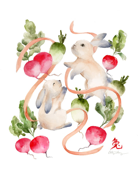 Rabbits and Radishes - Chinese Zodiac Animal Art Print