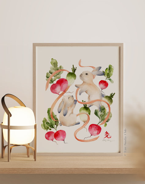 Rabbits and Radishes - Chinese Zodiac Animal Art Print