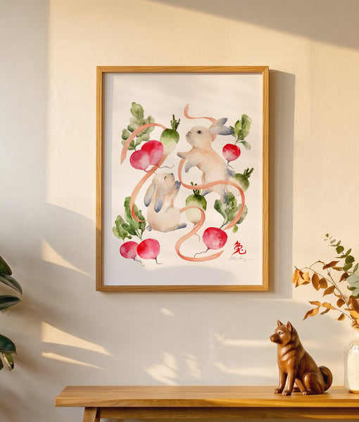 Rabbits and Radishes - Chinese Zodiac Animal Art Print