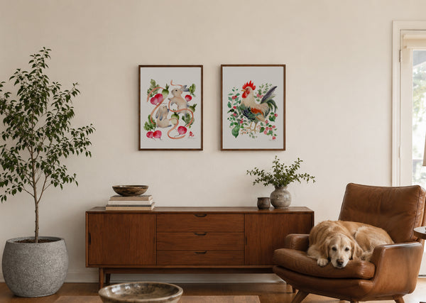 Rabbits and Radishes - Chinese Zodiac Animal Art Print