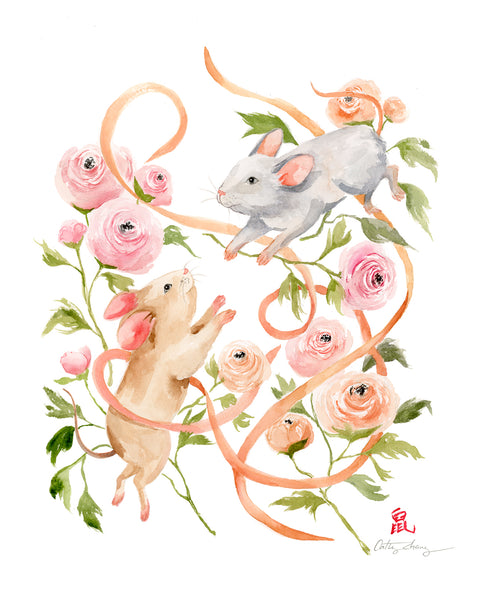 Rats and Ranunculus - Chinese Zodiac Animal Art Print
