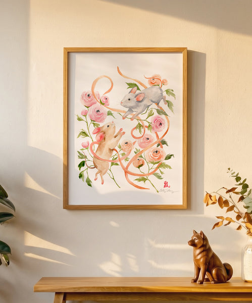 Rats and Ranunculus - Chinese Zodiac Animal Art Print