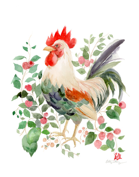 Rooster and Raspberries - Chinese Zodiac Animal Art Print