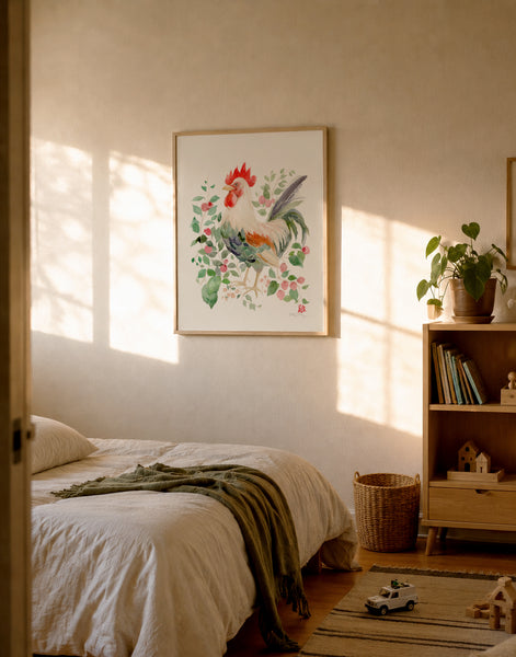 Framed artwork of a rooster with raspberries and greeneries, in a bedroom, part of Chinese Zodiac Animals collection by Easy Sunday Club
