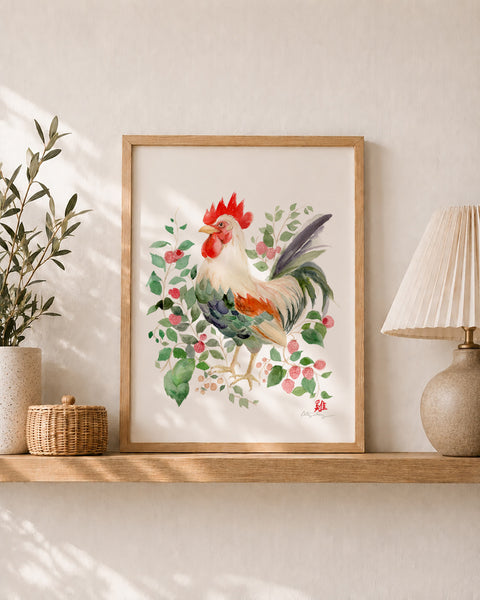 Framed artwork of a rooster with floral elements on a wall shelf, part of Chinese Zodiac Animals collection by Easy Sunday Club