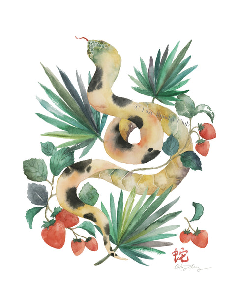 Snake and Strawberries - Chinese Zodiac Animal Art Print