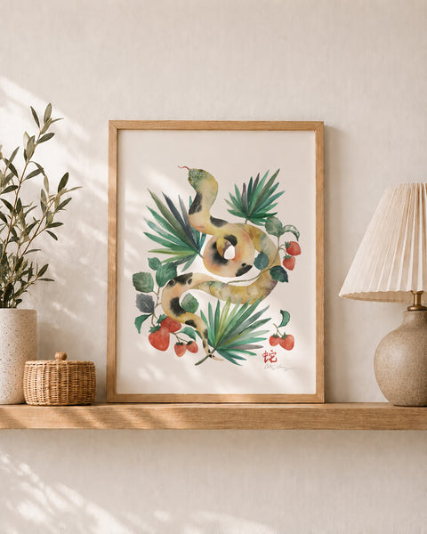Snake and Strawberries - Chinese Zodiac Animal Art Print