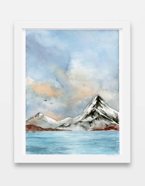 cold, bright lake with snowy mountain and cumulus clouds in watercolor