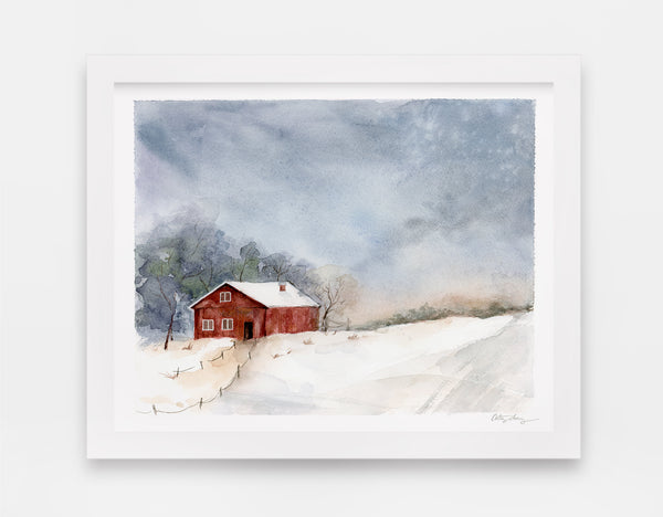 singular red barn in snowy field with ominous gray clouds above watercolor landscape
