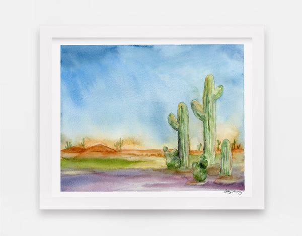 cactus watercolor in a desert landscape, desert themed art print with bright and saturated colors