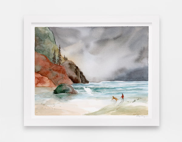 ocean tides pull towards rocky hills and coastal landscape with girl and her dog watercolor landscape