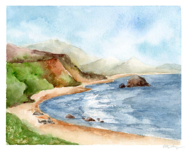 watercolor sea cliffs landscape art. seals by the sea with crashing waves at an ocean cove.