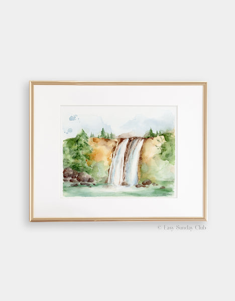 Gold framed mock up of lush forest gives way to twin waterfalls and green summer lake watercolor landscape