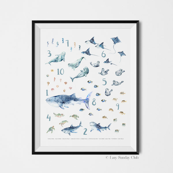 "Under the Sea" Animals from 1 to 10 - Watercolor Art Print