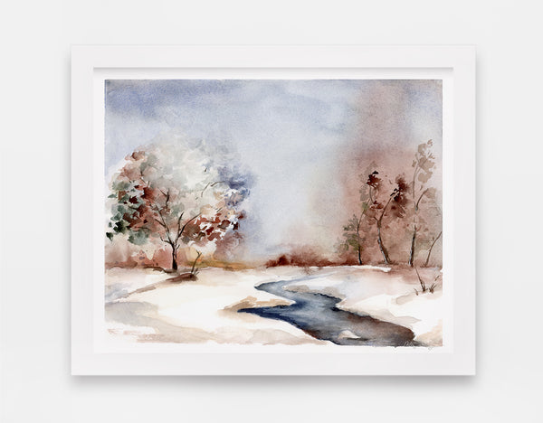 Chilly frozen winter watercolor landscape featuring small stream in a park art print
