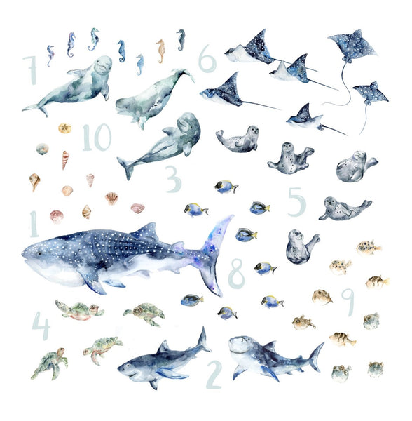 Watercolor ocean animals like whale shark, rays, seals, sharks, beluga whale, sea turtles, puffer fish, sea horse