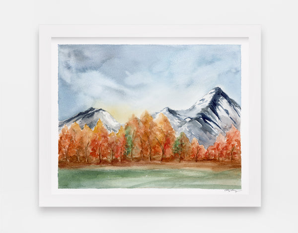 Mountain landscape watercolor art print with colorful aspens in the mid ground