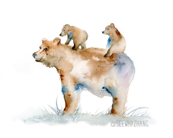 fathers day art print - bear and cubs watercolor