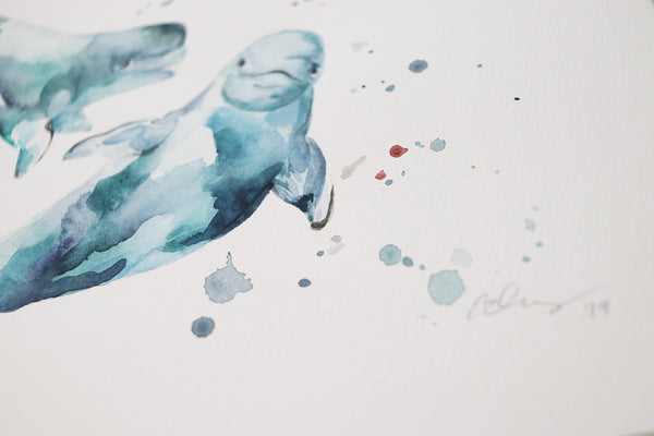 Beluga Whales Original Watercolor Painting | Under the Sea