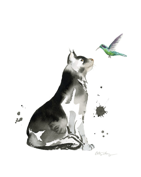 cat and hummingbird art painted with ink and watercolor