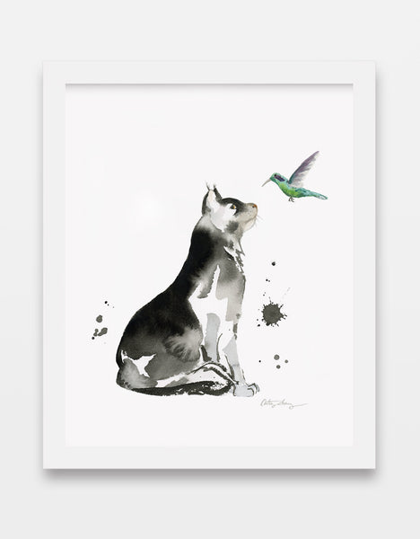 cat and hummingbird ink watercolor painting